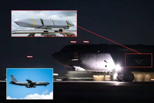 A U.S. Air Force B-52H Stratofortress bomber taxis for takeoff on March 2, 2026, in support of Operation Epic Fury, carrying AGM-158 JASSM long-range cruise missiles mounted under its wings. (Picture source: US DoD/ Edited by Army Recognition)