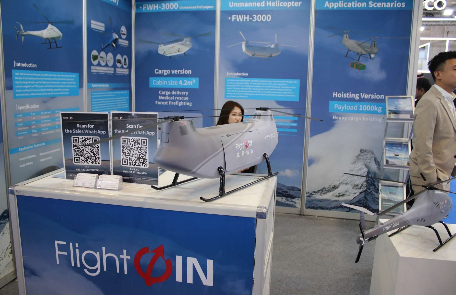 Flightwin FWH-3000 heavy-lift unmanned helicopter at WDS 2026, designed for autonomous logistics with a 1,000 kg payload, 4.2 m³ cargo cabin or external sling/hoist delivery, 5-hour endurance, up to 180 km/h speed, and high-altitude operations to 5,000 m for resupply and evacuation missions in rugged terrain (Picture source: Army Recognition Group).