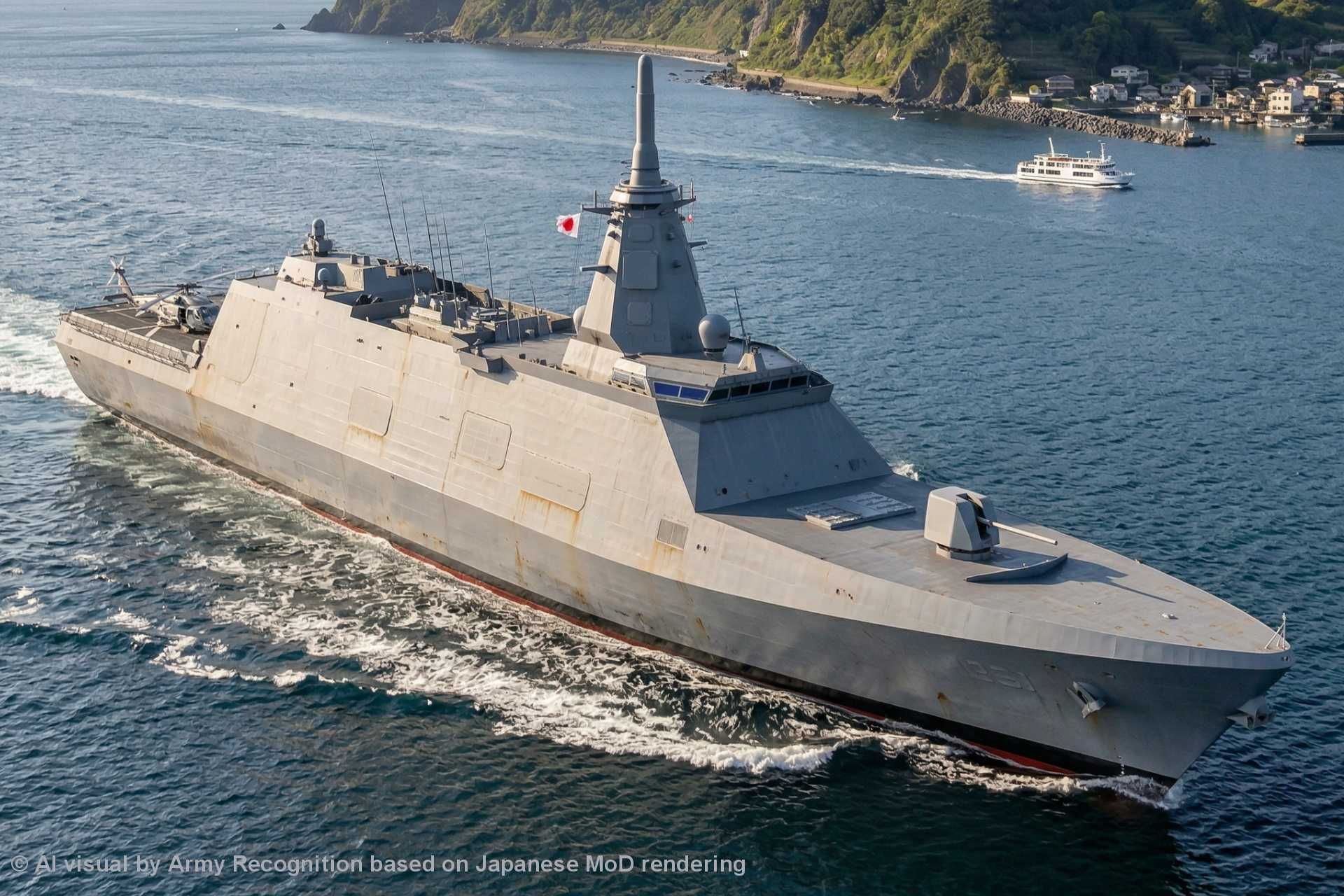 The integration of the improved Type 12 anti-ship missile into the Upgraded Mogami class extends the engagement envelope beyond that of previous Japanese escort ships, introducing a stand-off strike capability that changes how these vessels can be employed. (Picture source: AI visual by Army Recognition based on Japanese MoD rendering)