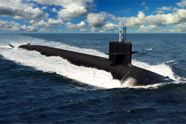 Artist rendering of a U.S. Navy Columbia-class ballistic missile submarine, the next-generation strategic nuclear deterrence submarine designed to replace the Ohio-class fleet and strengthen American undersea dominance in the Indo-Pacific region. The Columbia-class will be the largest and stealthiest submarine ever built by the United States.