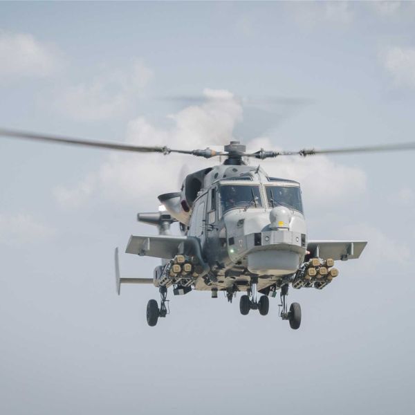 British Royal Navy Wildcat HMA2 helicopter armed with Martlet lightweight multirole missiles deployed at British Forces Cyprus to strengthen counter-drone air defense amid rising regional tensions