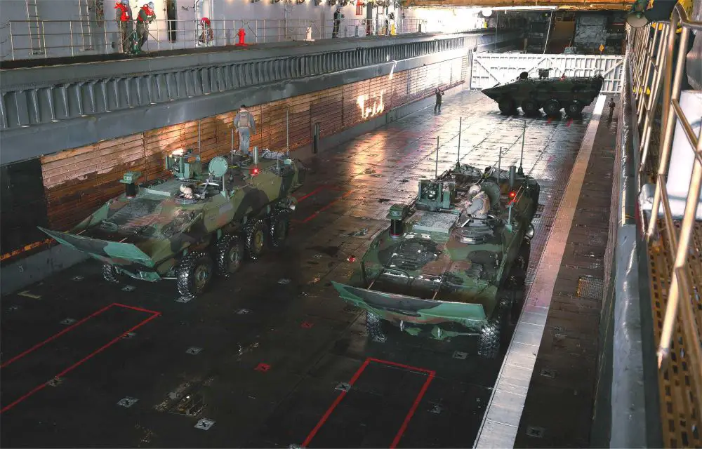 U.S. Marines assigned to the 1st Marine Division stage Amphibious Combat Vehicles inside the flooded well deck of USS Ashland (LSD 48) during ship-to-shore readiness drills off the California coast on February 20, 2026.