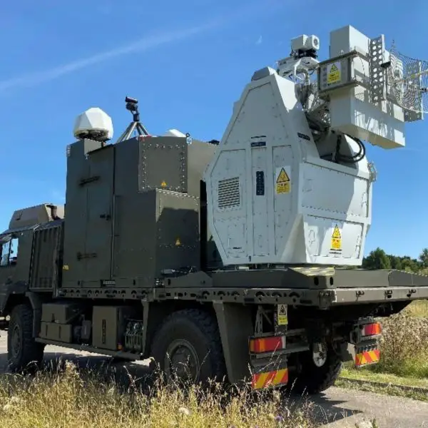 UK RF directed-energy demonstrator mounted on a truck during counter-UAS trials, 2025