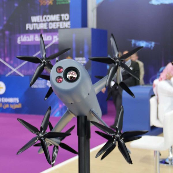 Baby Raptor interception UAV displayed at Wakeb stand during World Defense Show WDS 2026 in Riyadh highlighting its VTOL multi-rotor configuration thermal EO sensor nose module and AI driven Raptor Pilot flight control system designed for rapid counter drone missions