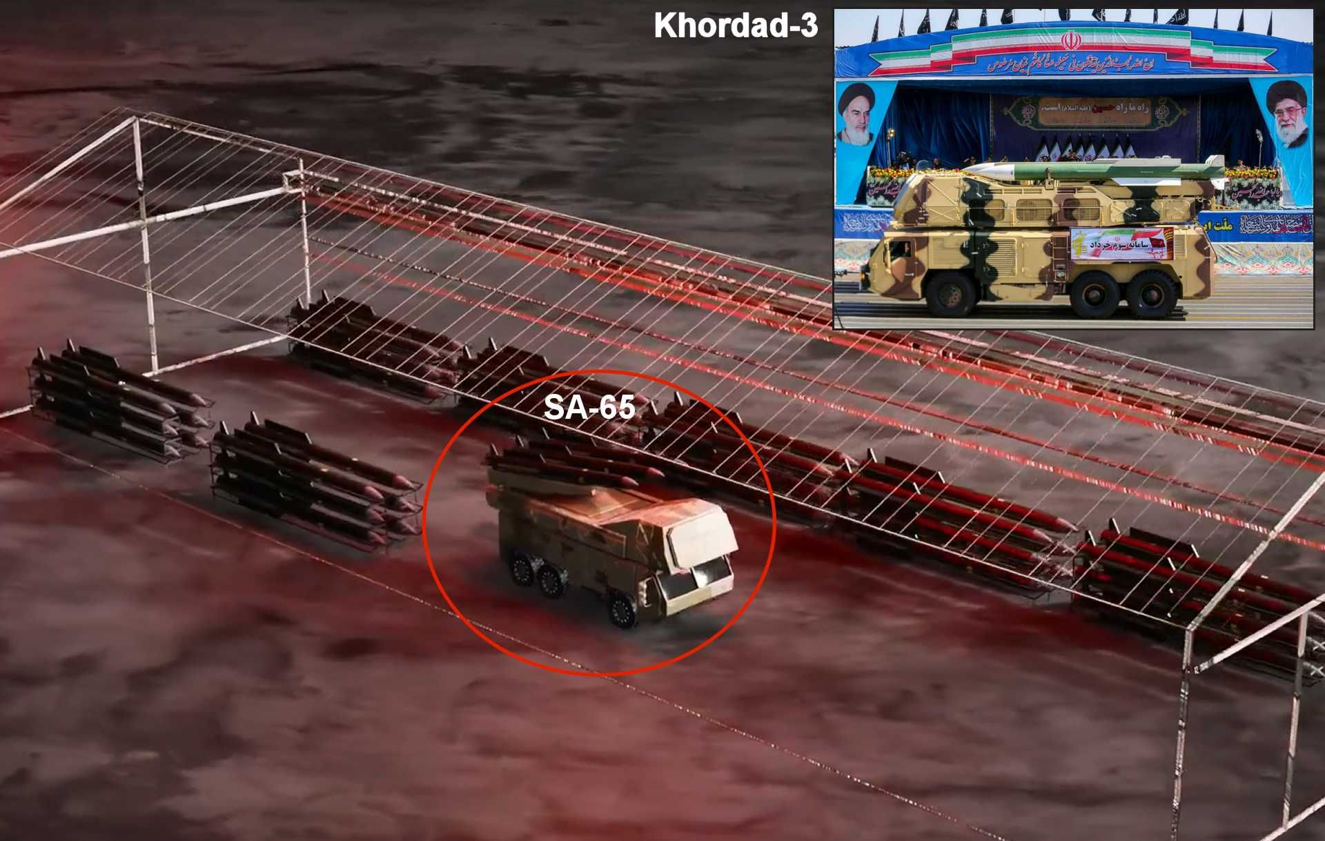 Israeli Air Force video released February 28, 2026, announcing destruction of an “SA-65” system in western Iran, identified by Army Recognition Group defense analysts as a Khordad-3 medium-range air defense battery.