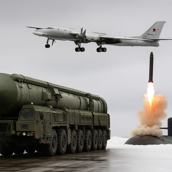 Russia’s nuclear triad includes land-based missiles, submarine-launched missiles, and strategic bombers. It ensures flexible and survivable nuclear deterrence (Picture Generated with AI)
