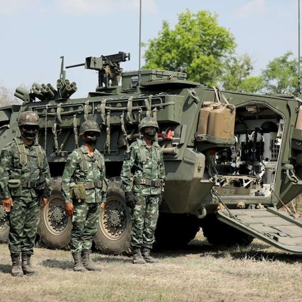 Stryker is a wheeled 8x8 armored infantry carrier that moves a squad quickly under armor, with a remote M2 .50-cal machine gun and smoke launchers. Night-driving aids and radios enable coordinated dismount assaults with protection from small-arms fire, fragments, and blasts (Picture source: U.S. Army Pacific).