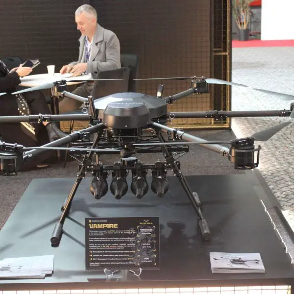 SkyFall’s Ukrainian-made Vampire heavy hexacopter, displayed at BEDEX in Brussels, is a battle-proven strike and resupply drone designed for night operations, remote mine-laying, and precision attacks with payloads of up to 15 kg (Picture source: Army Recognition Group).
