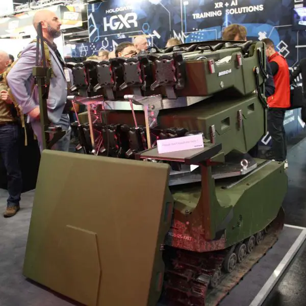 GEREON RCS unmanned ground vehicle equipped with four MBDA ENFORCER precision-guided missile launchers displayed at Enforce TAC 2026, highlighting Germany’s push toward modular robotic strike capabilities.
