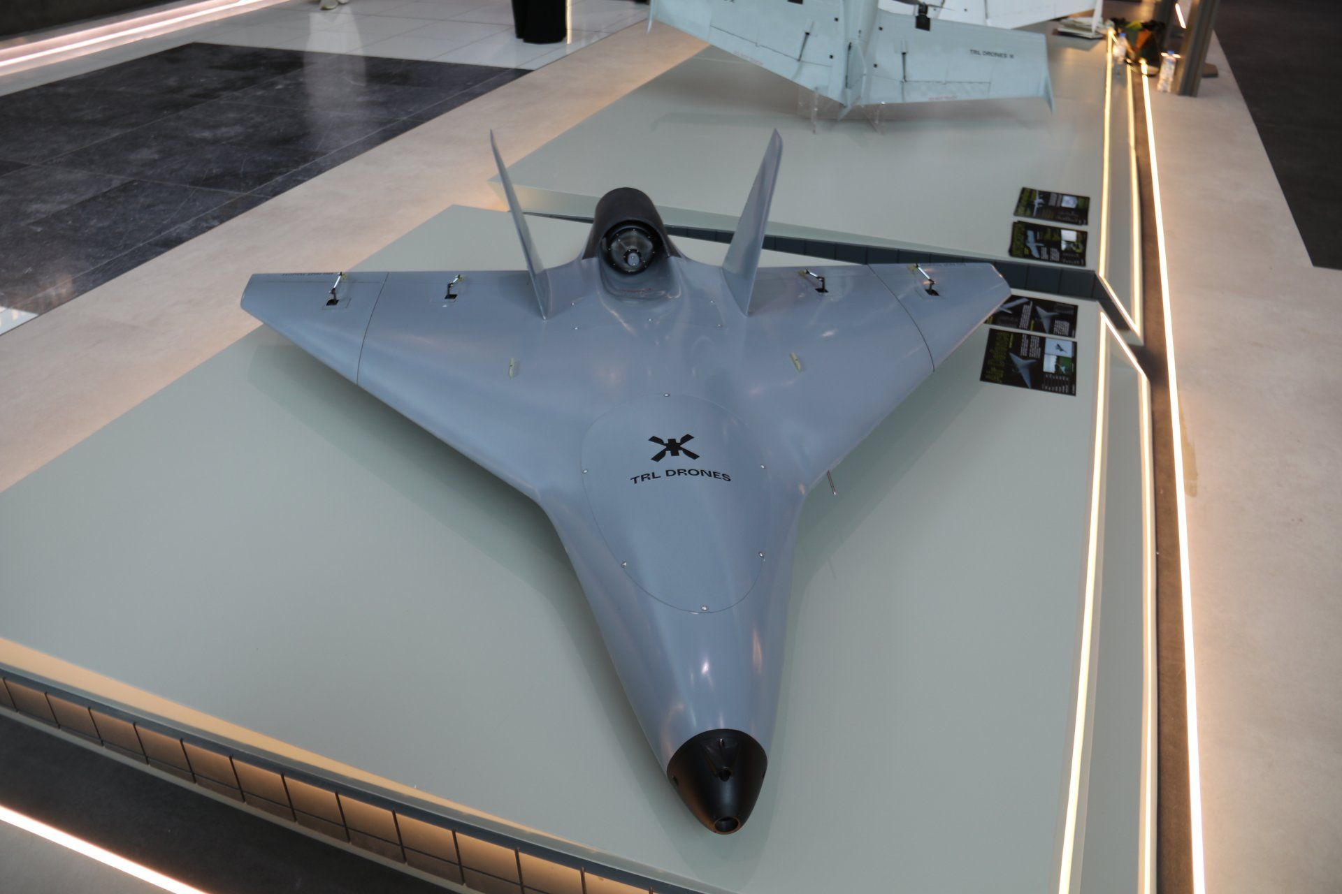  Czech high-speed fixed-wing air defense drone showcased by TRL Drones X during UMEX 2026 in Abu Dhabi, highlighting its rapid-launch capability and advanced AI-guided interception features.