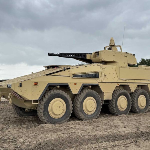 The Boxer RCT30 IFV combines the Boxer 8×8 chassis with the RCT30 remote-controlled turret, the same used on the German Puma infantry fighting vehicle. (Picture source: X/Nicholas Drummond)
