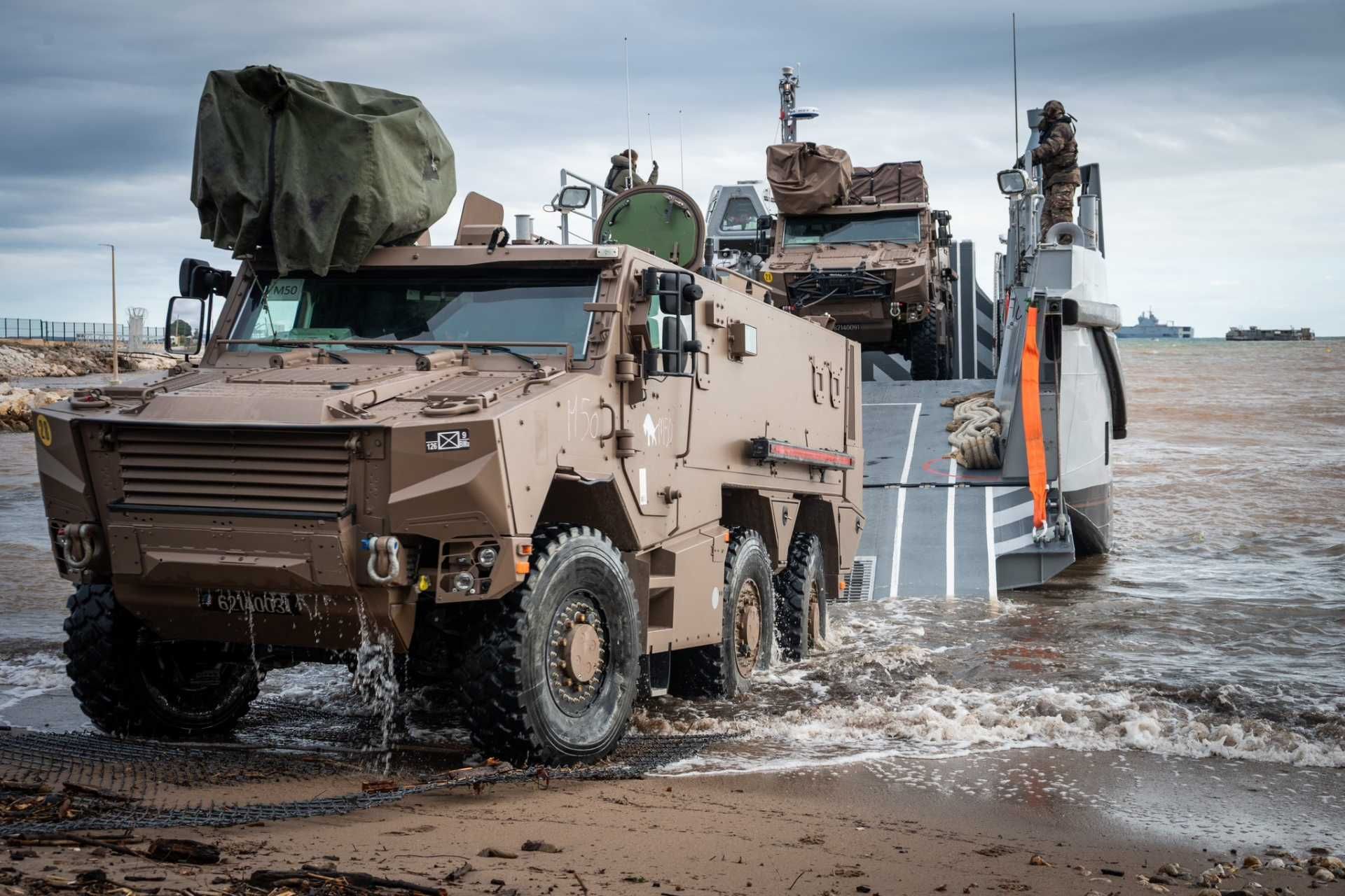 The landing phase permits land units equipped with Griffon armored vehicles to establish a protected foothold, deploy infantry under armor, and integrate into a broader joint operation linking naval projection, air operations, and ground maneuver. (Picture source: French Army)
