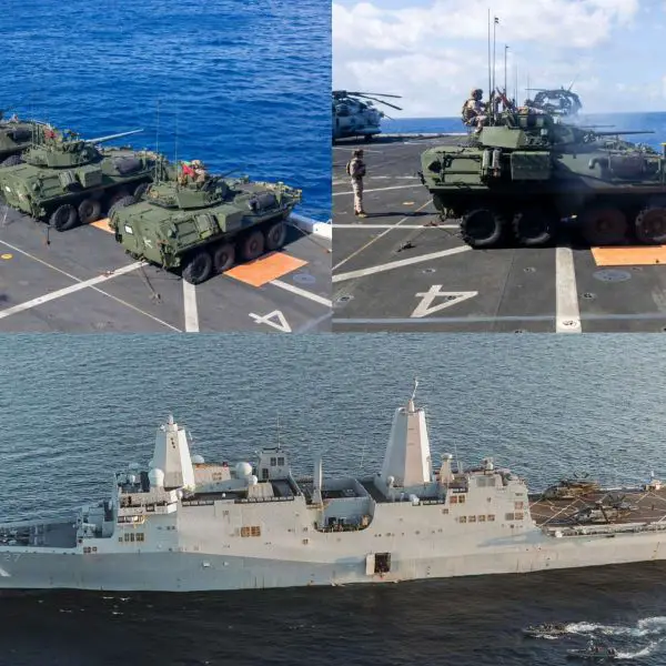 U.S. Marines demonstrated a new littoral combat concept by firing an LAV-25 armored reconnaissance vehicle from the flight deck of the USS Portland (LPD 27), testing how embarked ground forces can deliver immediate direct fire from sea-based positions in the Indo-Pacific (Picture Source: U.S. Navy / U.S. Marines)