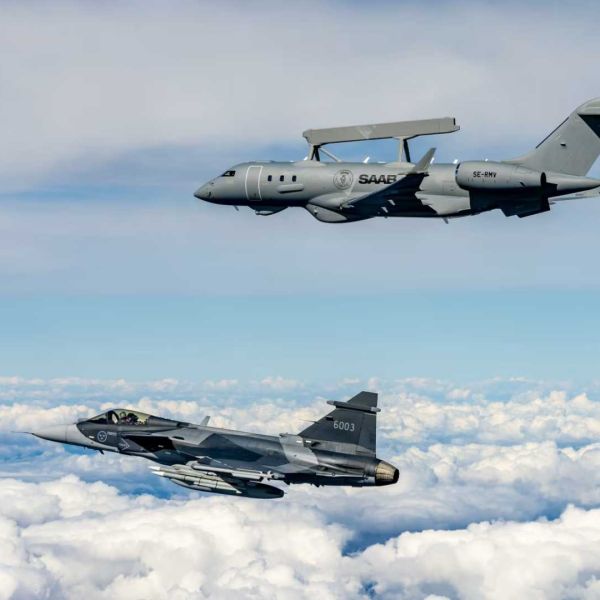The Gripen and GlobalEye complement each other by pairing a fighter that conducts interception and strike tasks with a surveillance and control aircraft that extends detection range and provides commanders with a broader operational picture. (Picture source: Saab)