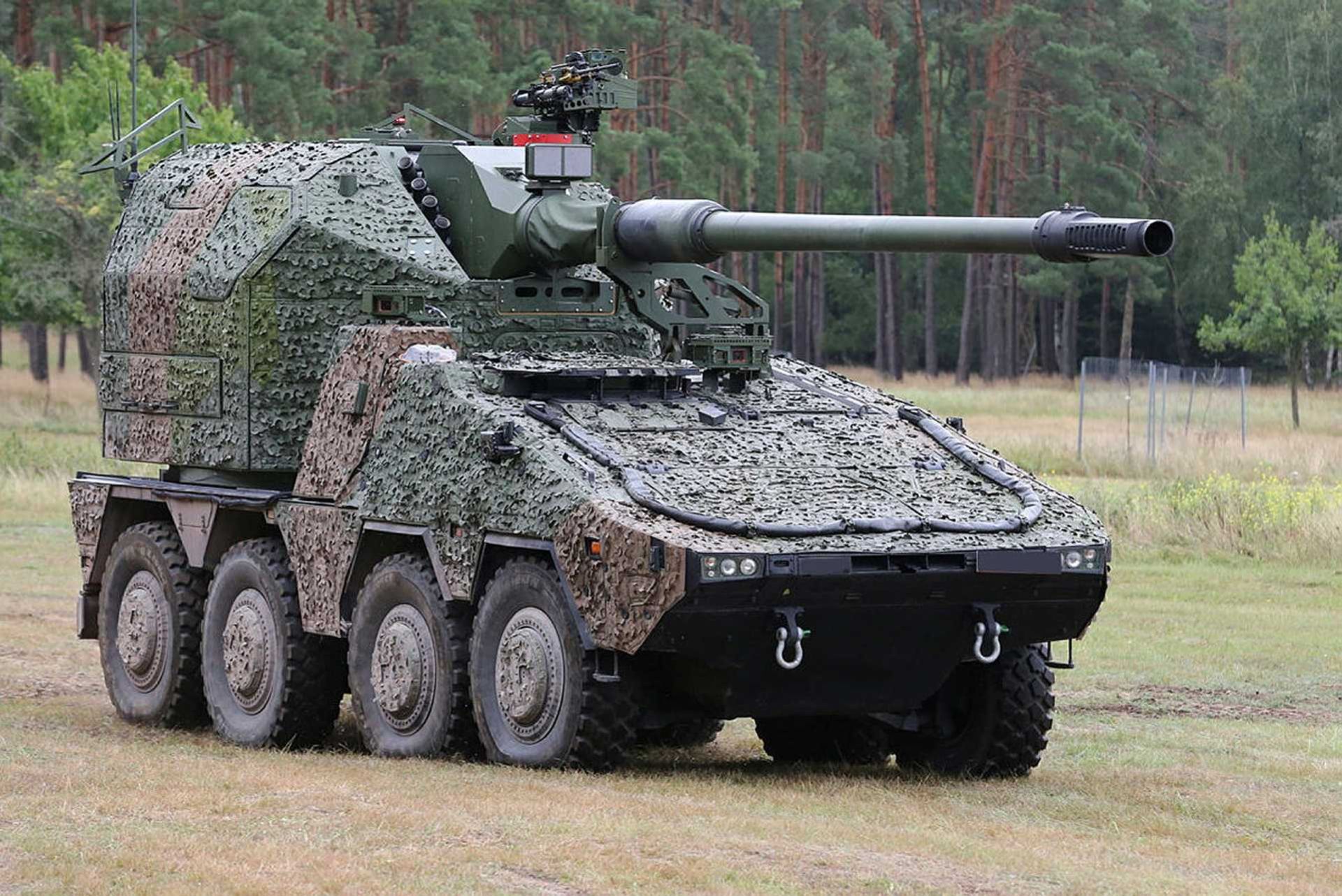 German-developed KNDS RCH 155mm L52 wheeled self-propelled howitzer during live-fire training at the Klietz military range, Germany