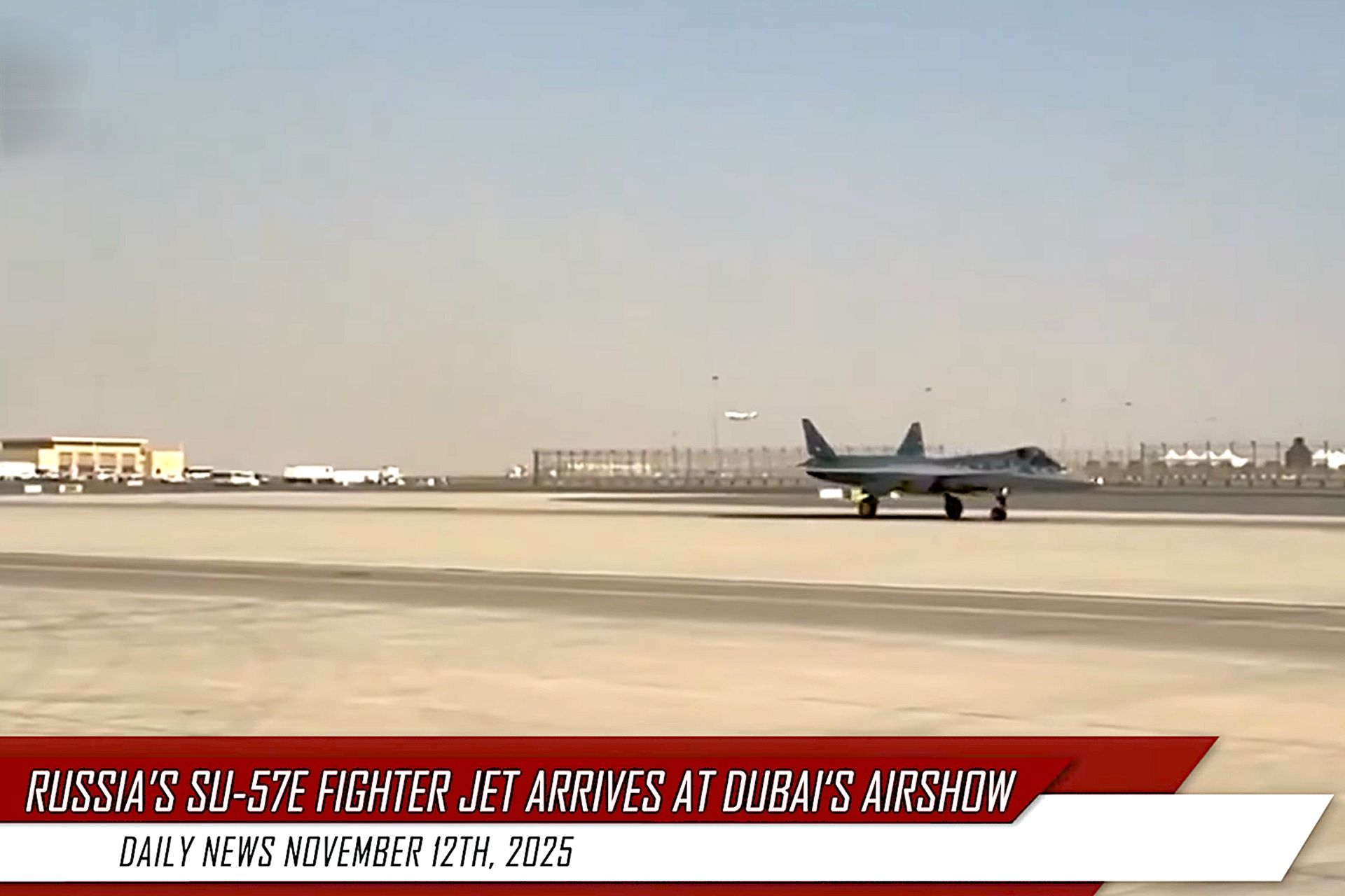 Russia’s export-configured Su-57 stealth fighter made its Dubai Airshow debut on 11 November 2025, arriving nonstop from Moscow and unveiling new missile bay mock-ups to signal its intended combat role (Picture Source: UAC)