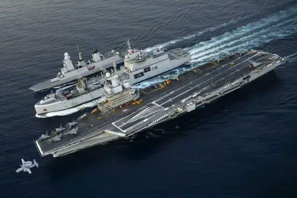 France deployed the aircraft carrier Charles de Gaulle and its escorts toward the Gulf of Aden, near the Strait of Hormuz, to protect commercial shipping routes disrupted by the Iran war without directly joining U.S military operations against Iran. (Picture source: French Navy)
