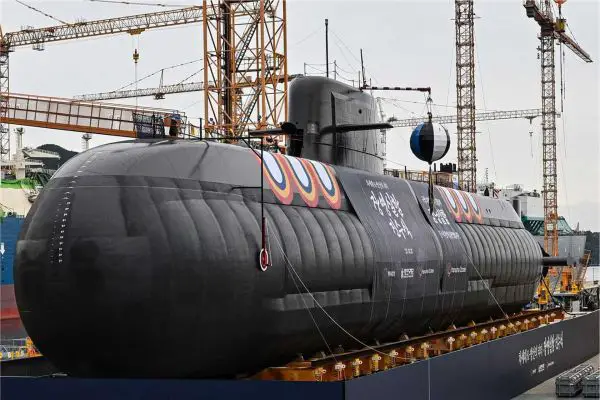Launch ceremony of ROKS Jang Yeong-sil, the first South Korean KSS-III Batch-II submarine, at Hanwha Ocean’s Geoje shipyard, representing the next-generation 3,600-ton-class design officially offered by South Korea to Canada under the Canadian Patrol Submarine Project.