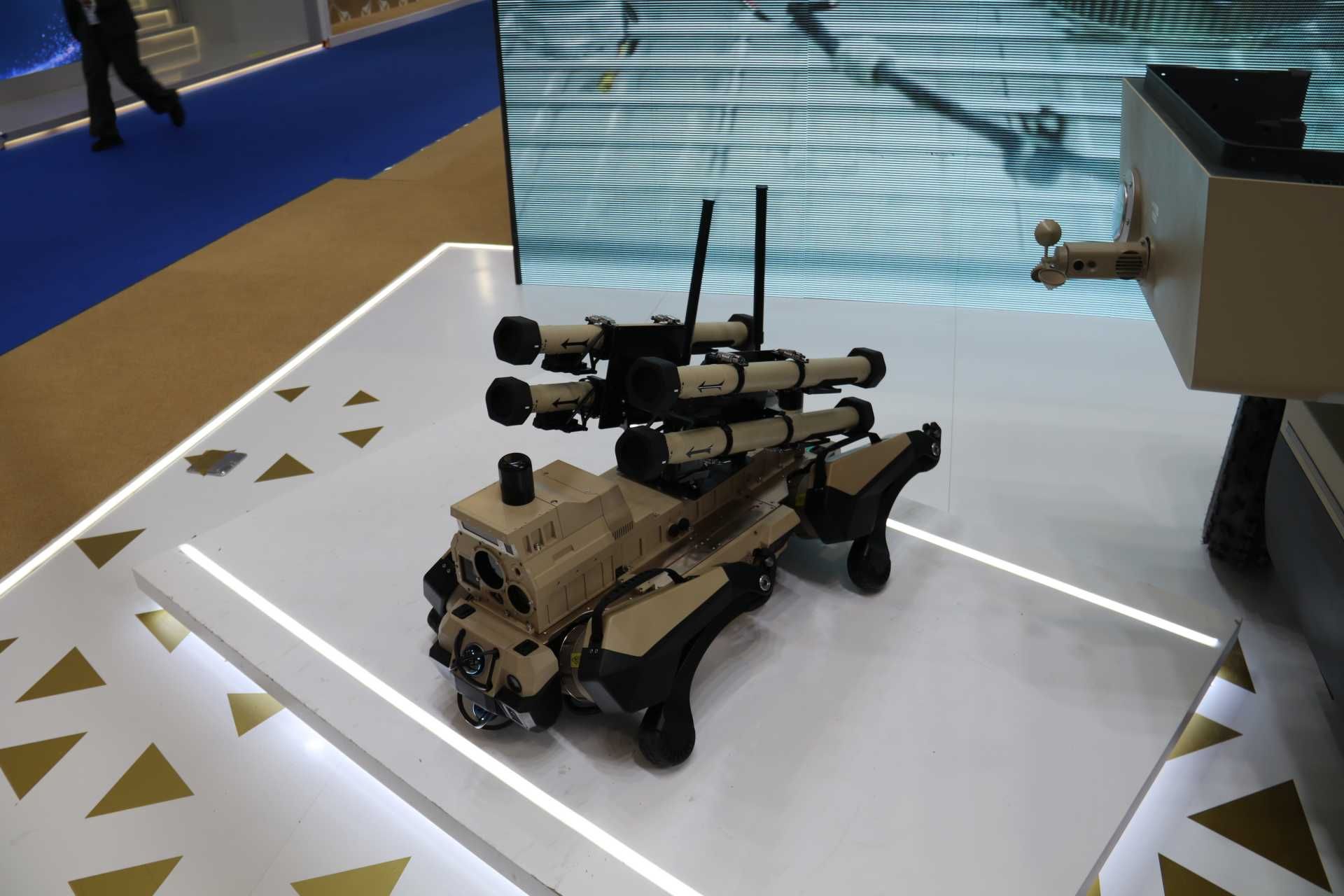 Robotic quadruped combat system displayed at World Defense Show 2026 in Riyadh armed with four compact anti-tank guided missile launchers mounted on its dorsal platform highlighting China’s expanding unmanned ground combat capabilities.