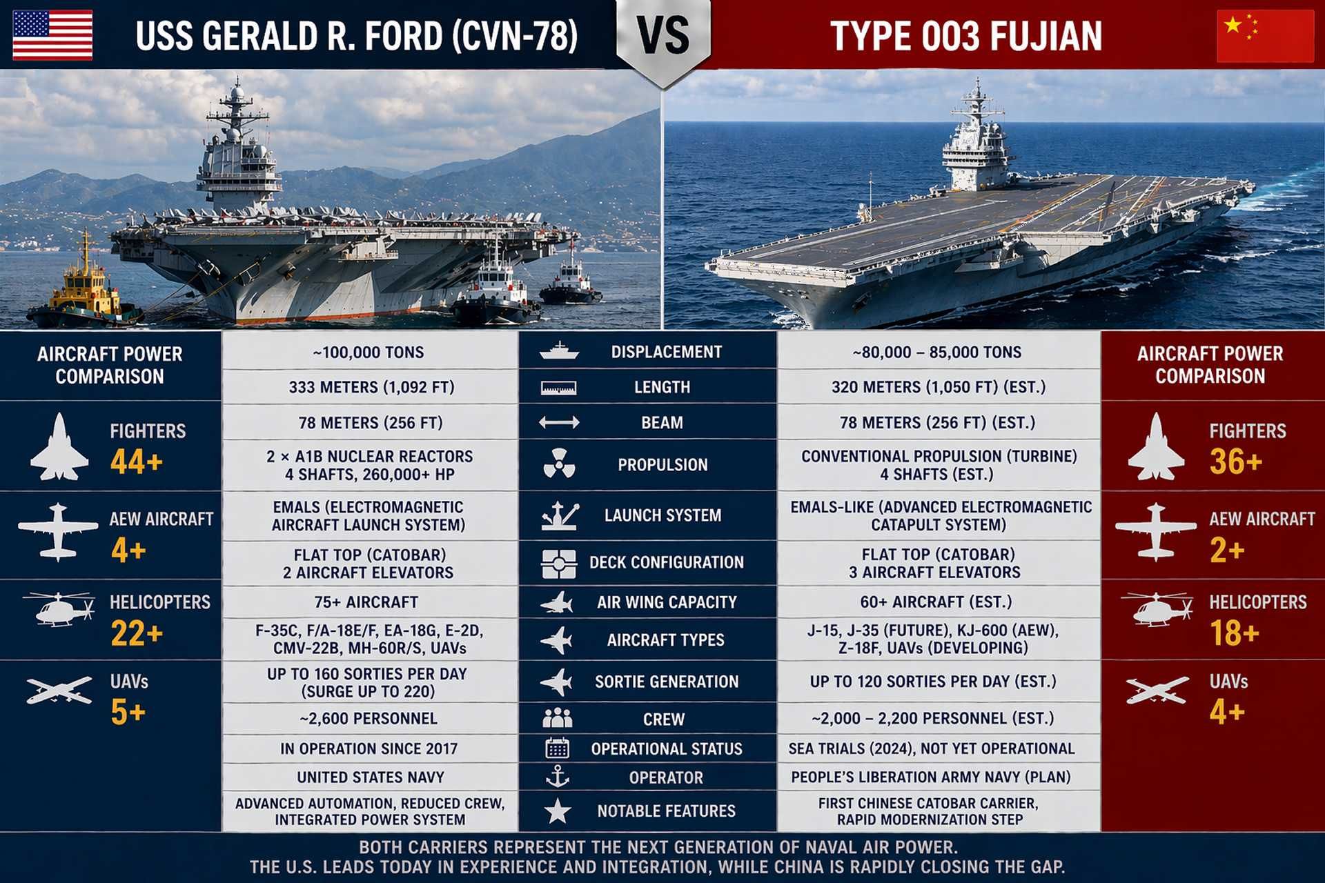 USS Gerald R. Ford vs China’s Type 003 Fujian: Side-by-side comparison highlights the shift in global naval air power, contrasting U.S. operational dominance and nuclear-powered endurance with China’s rapidly advancing carrier capabilities and next-generation launch systems.
