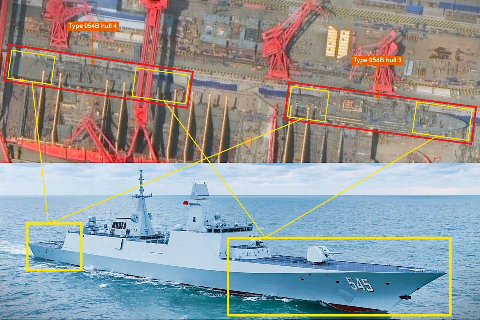 China is scaling up production of its new Type 054B frigates, signaling a shift toward a larger, more capable escort fleet to support sustained naval operations and sea control in contested regional waters (Picture Source: Vantor Imagery / Chinese Navy)