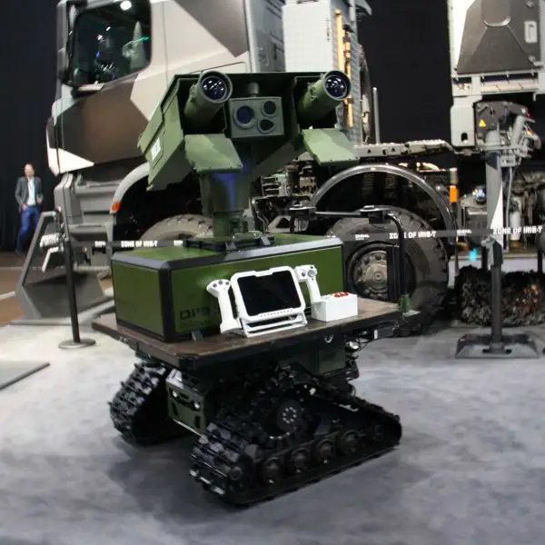 German Company Diehl Defence Ziesel unmanned ground vehicle armed with a twin Spike LR2 anti-tank missile launcher displayed at Enforce Tac, showcasing a compact robotic solution for infantry anti-armor operations.