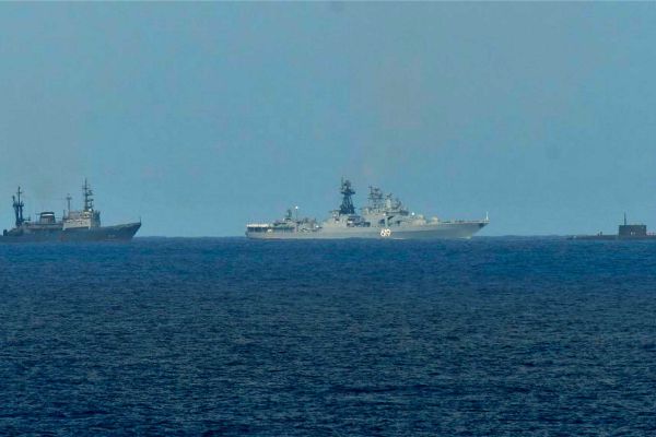 Russian naval group comprising the Kilo-class submarine Krasnodar and its escorts, including the destroyer Severomorsk, transiting southeast of Sicily. The formation was tracked by the Italian Navy frigate ITS Virginio Fasan.