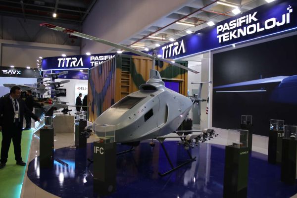 Turkish defense company Titra unveiled an Alpin unmanned helicopter carrying eight Merküt FPV kamikaze drones at SAHA Expo 2026, showcasing a new airborne launch concept designed for NATO-style contested drone warfare (Picture Source: Army Recognition Group)
