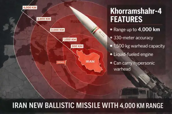 Estimated 4,000 km strike envelope of Iran’s two-stage ballistic missile, extending reach from Iranian territory to Diego Garcia and marking a significant expansion beyond previously declared 2,000 km limits.