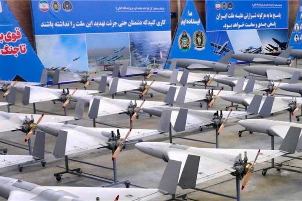 Iranian mass-produced attack drones prepared for launch, illustrating Tehran’s shift toward high-volume unmanned warfare to saturate U.S. and allied air defense systems during the ongoing 2025–2026 conflict.