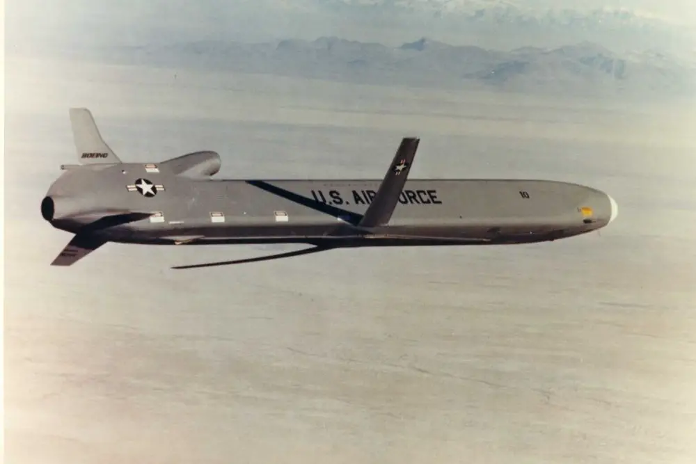 The AGM-86B is a nuclear-armed, air-launched, subsonic cruise missile developed by Boeing for the U.S. Air Force, which entered service in December 1982 and remains operational as of 2026 as part of the U.S. nuclear triad missile inventory. (Picture source: U.S. Air Force)