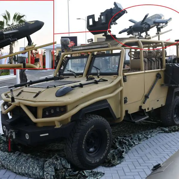 A compact rail-launched Skairon loitering munition mounted on the Egyptian Tiger TLC 79 patrol vehicle provides rapid on-the-move launch capability, delivering short-range reconnaissance and precision strike options directly to frontline units while preserving the vehicle’s high mobility and lightweight profile (Picture source: Army Recognition Group).