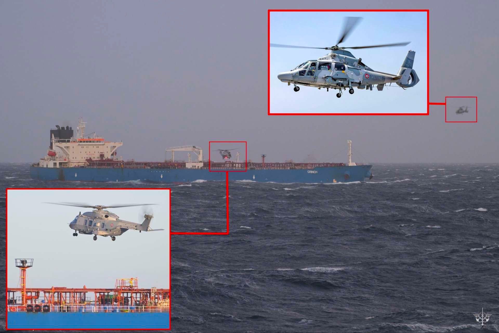 French Navy helicopters played a central role in the high-seas boarding of the tanker Grinch in the western Mediterranean, an operation ordered by President Emmanuel Macron that translated sanctions policy into concrete maritime enforcement action (Picture Source: French Navy / Presidency of the French Republic)
