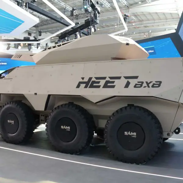 Unveiling of the HEET 8x8 fire support vehicle armed with a 105 mm turret at the Saudi Arabian Military Industries booth during World Defense Show 2026, highlighting a new Saudi-designed armored combat concept.