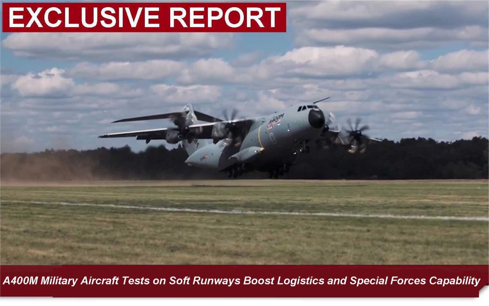 The A400M military transport aircraft take off from a soft, unpaved runway during high-weight testing with the German Armed Forces in Altengrabow.