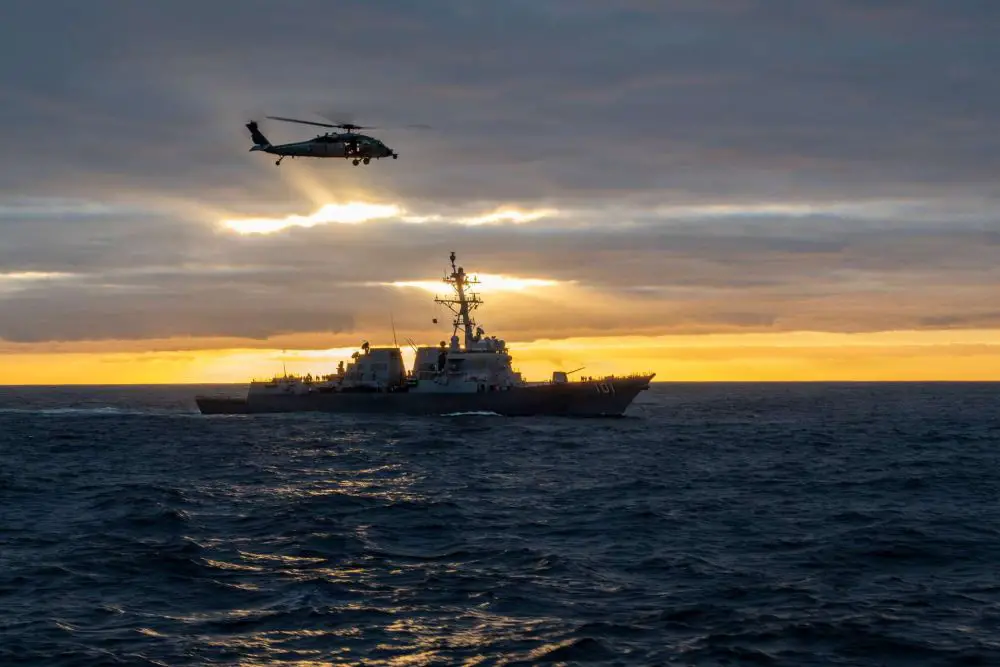 An MH-60S Sea Hawk conducts vertical replenishment near the Arleigh Burke-class destroyer USS Gridley and aircraft carrier USS Nimitz during Southern Seas 2026, demonstrating the U.S. Navy’s ability to sustain carrier strike group operations, preserve combat readiness, and strengthen maritime interoperability in the Pacific (Picture source: U.S. DoW).