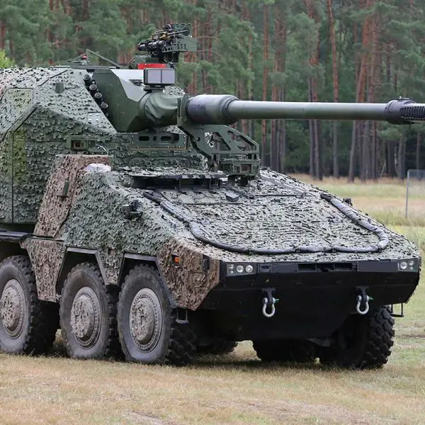 German-developed KNDS RCH 155mm L52 wheeled self-propelled howitzer during live-fire training at the Klietz military range, Germany