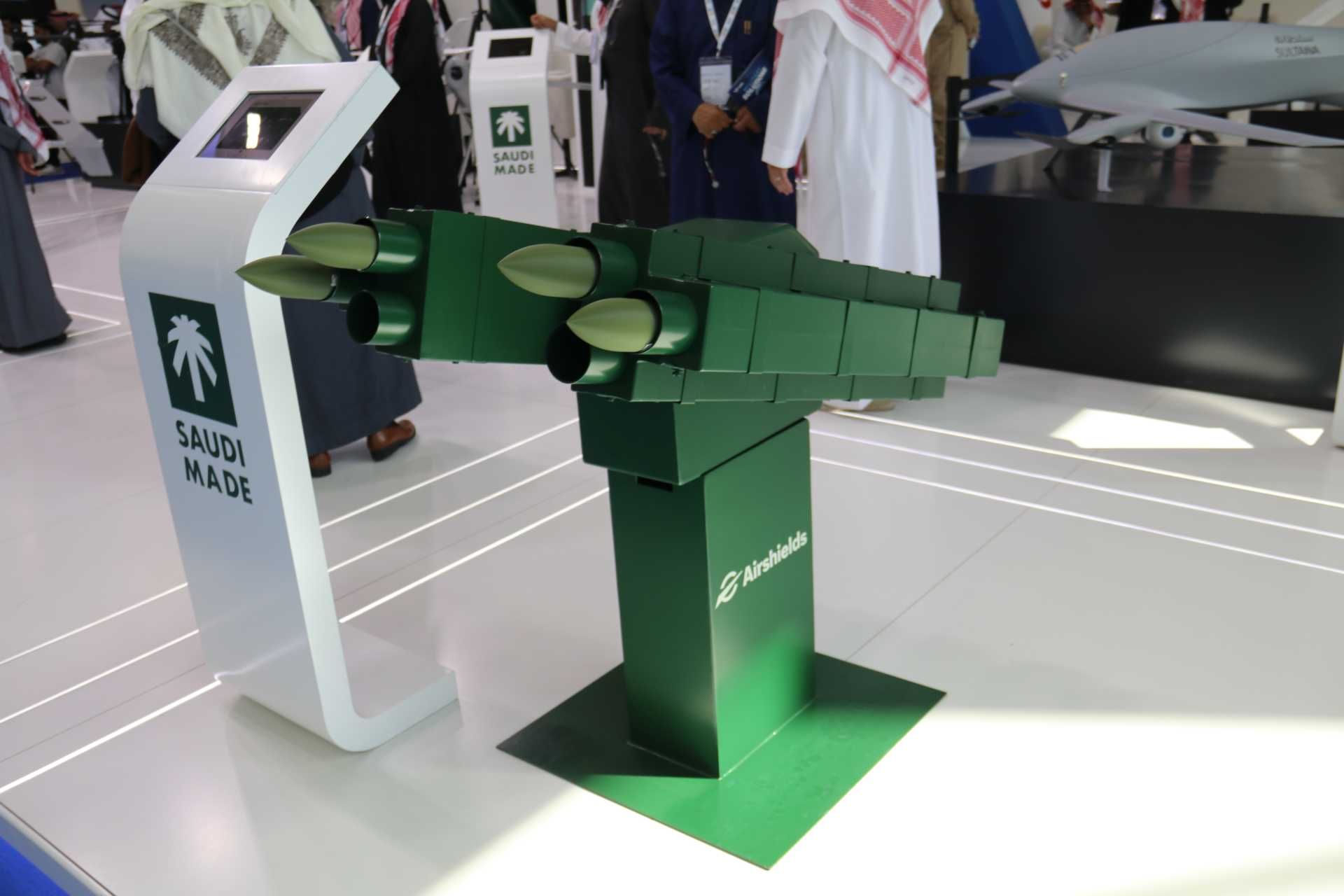 Saudi defense company Airshield displays the BARQ rapid counter-drone interceptor during the World Defense Show 2026 in Riyadh, highlighting Saudi Arabia’s push toward indigenous C-UAS solutions.