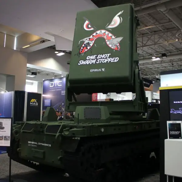 Leonidas Autonomous Robotic counter-UAS system pairing Epirus’ Leonidas high-power microwave with General Dynamics Land Systems’ TRX unmanned tracked vehicle on display at AUSA 2025