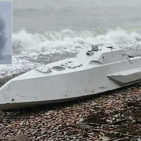 The U.S.-made AEGIR-W naval drone was towed approximately four kilometers offshore before being destroyed in a controlled detonation explosion described as significant, consistent with a payload capacity potentially reaching up to 300 kilograms of explosive. (Picture source: X/DylanMalyasov and ALiBakr53)