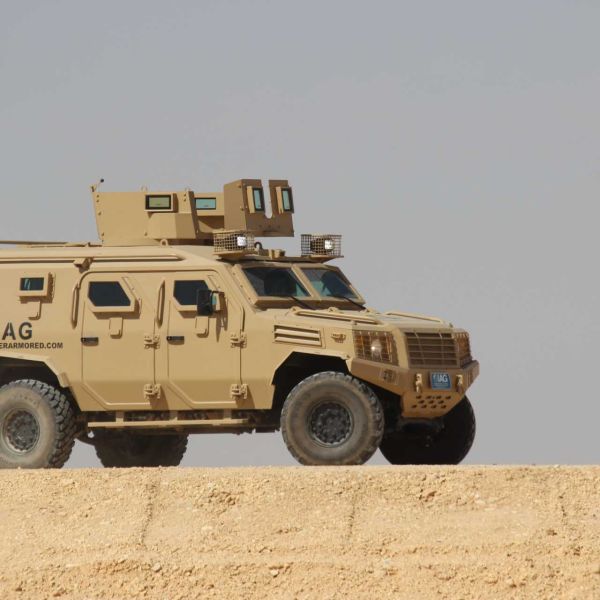 The new IAG Pirin 4x4 Armored Personnel Carrier performs a live mobility demonstration at World Defense Show 2026 in Saudi Arabia