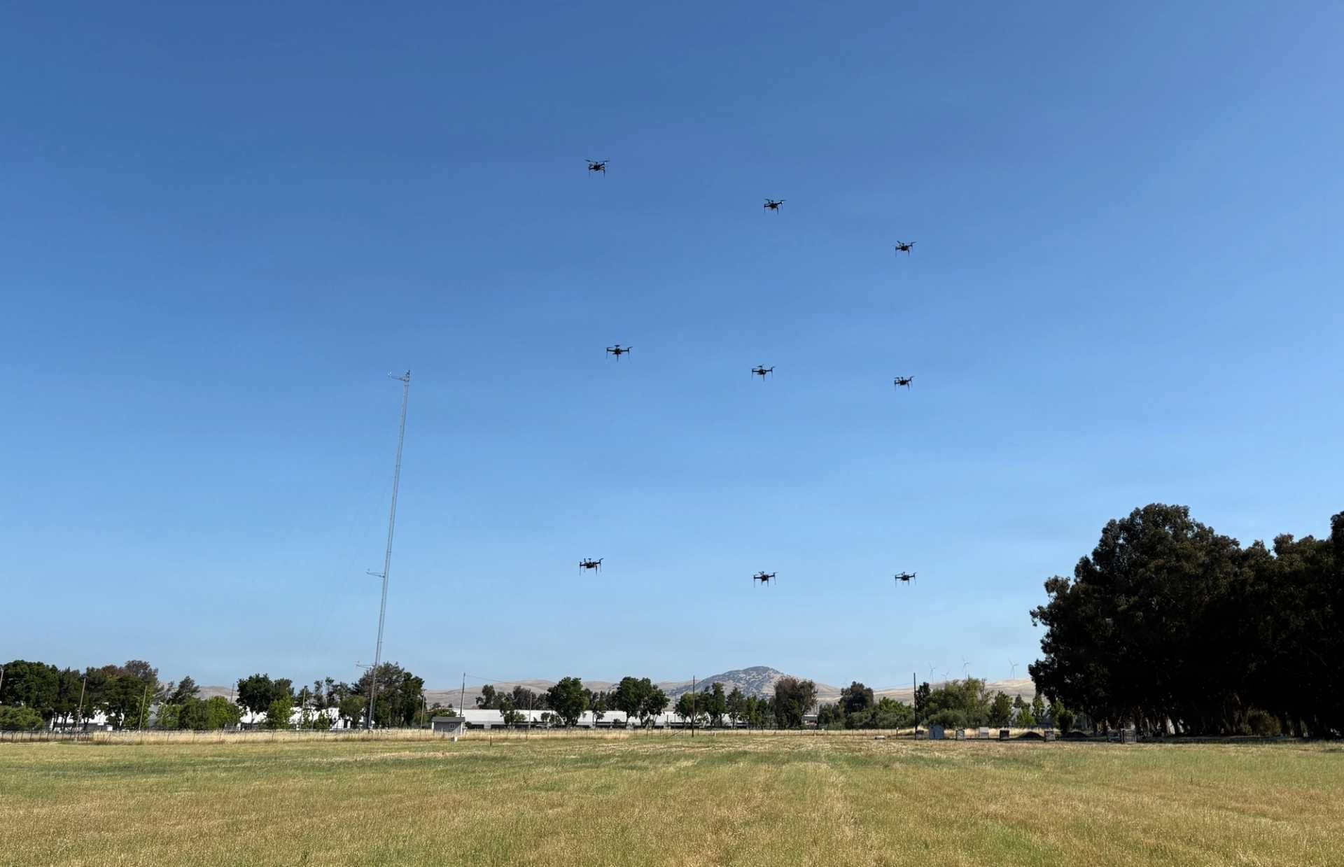Multiple drones fly in coordinated formation during a swarm operation. AFRICOM's CURTAIN CALL program is exploring the use of defensive drone swarms as a low-cost solution to counter growing unmanned aerial system threats. (Picture source: AFRICOM)