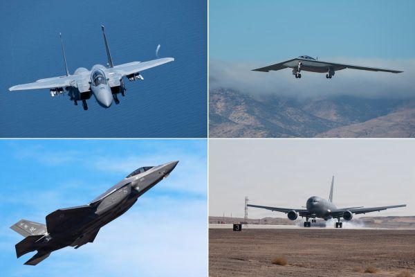 A composite view of U.S. air power featuring F-35 Lightning II, F-15EX Eagle II, B-21 Raider and KC-46A Pegasus illustrating integrated strike, payload, and long-range sustainment capabilities. (Picture source: US DoD)