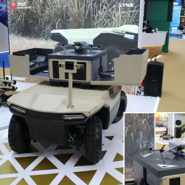 Poly Technologies’ Lynx UGV at WDS 2026, shown with an integrated launch-ready quadcopter, combines a compact 4x4 unmanned carrier and day-night ISR drone to scout ahead, survey dead ground, and relay real-time video and targeting data while keeping troops under cover (Picture source: Army Recognition Group).