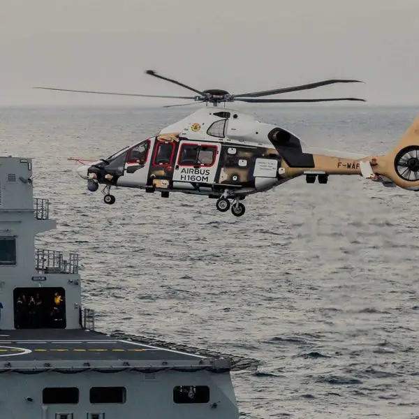 The H160M flew in an armed configuration close to the tanker but did not land on deck, to expose the helicopter’s sensors to magnetic disturbances generated by a ship of the Jacques Stosskopf’s size. (Picture source: French Navy)