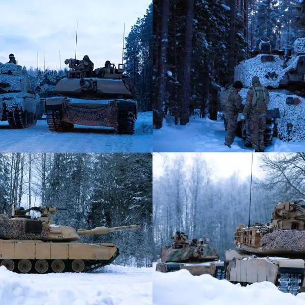 U.S. Army Abrams tanks and British Challenger 2 tanks trained with NATO allies during the Winter Camp exercise near Tapa, Estonia, in late January 2026, highlighting NATO’s ability to operate heavy armor year-round in the Baltics (Picture source: U.S. Army)