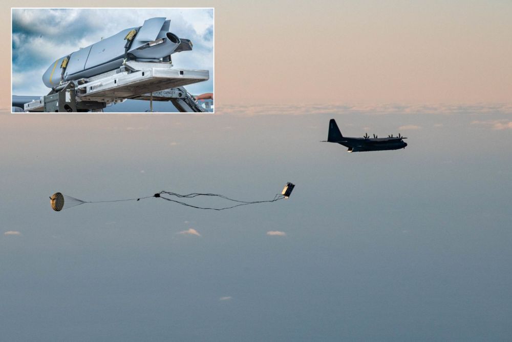 A Rapid Dragon palletized munition system deploys from a U.S. Air Force MC-130J Commando II during a live-fire demonstration over Norway in 2022. (Picture source: US DoD)