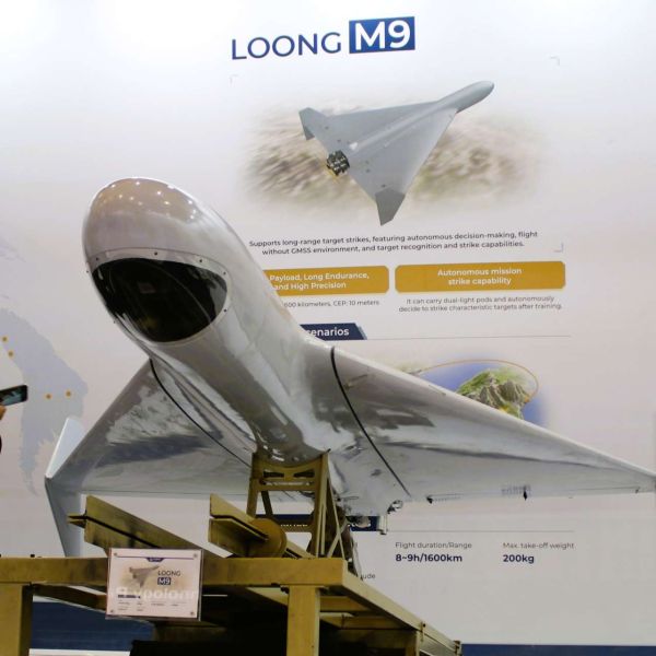 China’s LoongUAV unveiled the Loong M9 at World Defense Show 2026 in Riyadh, introducing a heavy long-range loitering munition with a 50 kg payload, up to nine hours of endurance, and an advertised strike radius exceeding 1,600 kilometers (Picture Source: Army Recognition Group)
