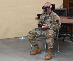 Chief Warrant Officer 2 Nathan Shea, Unmanned Aircraft Systems Operations Officer at the Fort Indiantown Gap UAS Training and Innovation Facility, pilots a first-person-view (FPV) drone during a training session at Fort Indiantown Gap, Pennsylvania, on September 2, 2025.