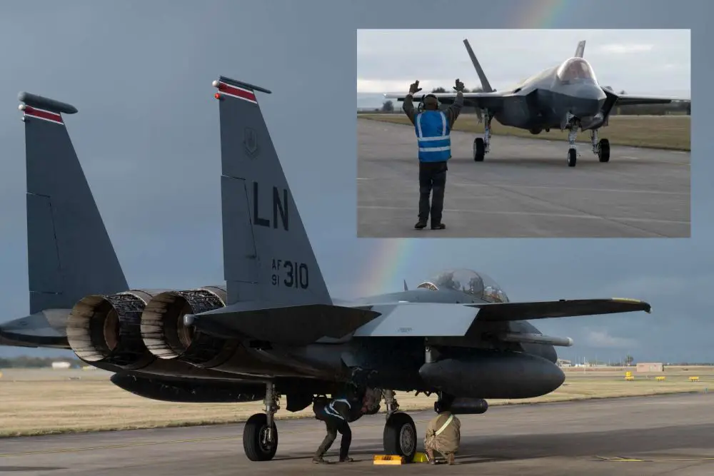 U.S. Air Force F-15E and F-35A fighters deployed to Scotland for Exercise Point Blank to rehearse rapid combat sortie generation and strengthen NATO airpower integration from the United Kingdom’s northern flank (Picture Source: U.S. Air Force)